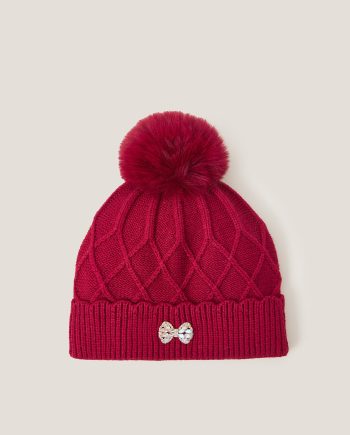 Bow Pom-Pom Beanie Hat Red