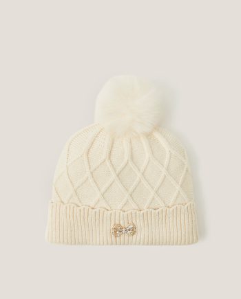 Bow Pom-Pom Beanie Hat Ivory