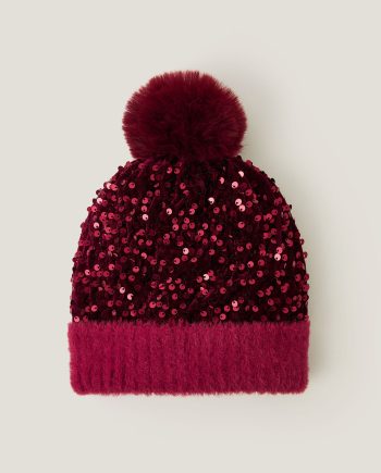 Sequin pom-pom beanie hat red