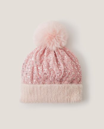 Sequin Pom-Pom Beanie Hat Pink