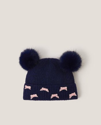Fluffy Pom Bow Beanie Hat Blue