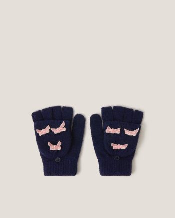 Bow fingerless gloves with mittens blue