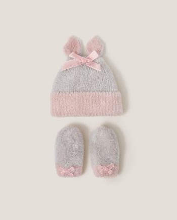 Baby bunny hat & mittens set grey
