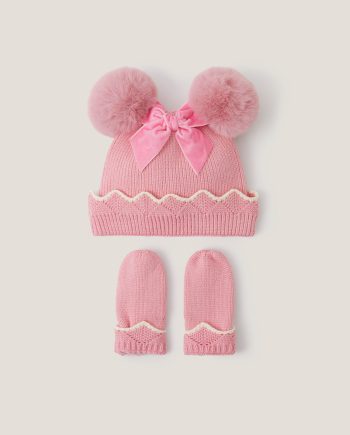 Baby scallop beanie hat & mittens set pink