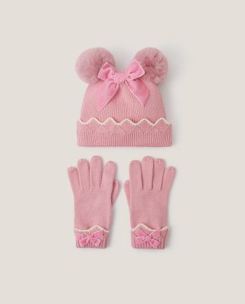 Scallop Beanie Hat & Gloves Set Pink