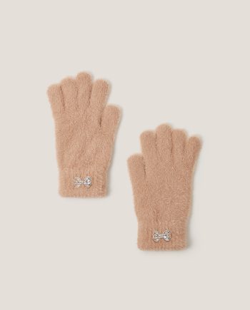 Jewel bow fuzzy gloves camel