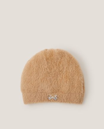 Jewel bow fuzzy beanie hat camel
