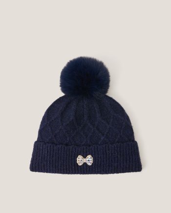 Diamond bow pom-pom beanie hat blue