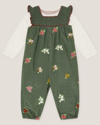Long sleeve top & floral corduroy dungarees set green