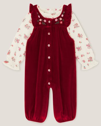 Newborn floral top & velour dungarees set red