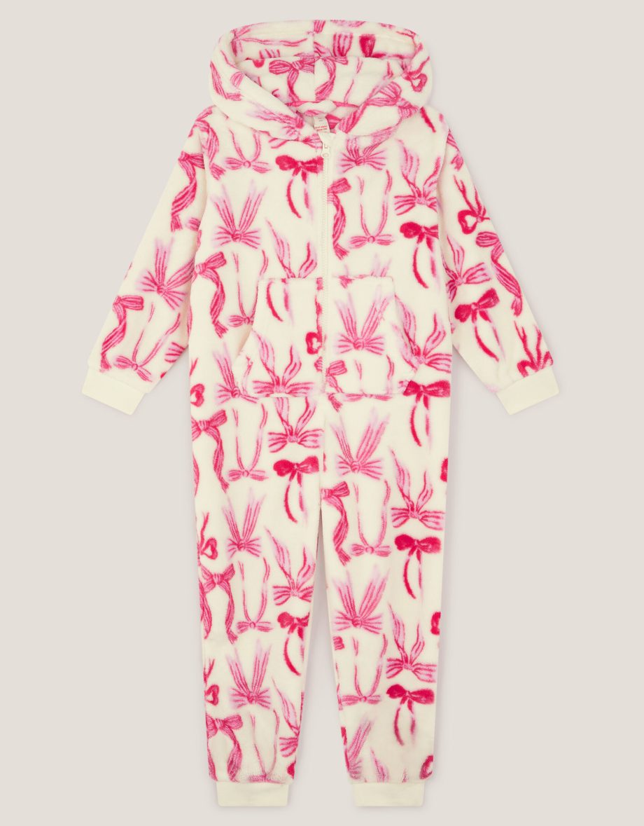 Bow print fleece onesie cream