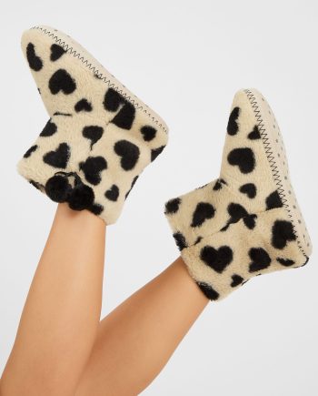 Fluffy Heart Print Slipper Boots Black