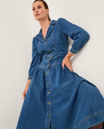 Tamsin Button Denim Midi Dress Blue