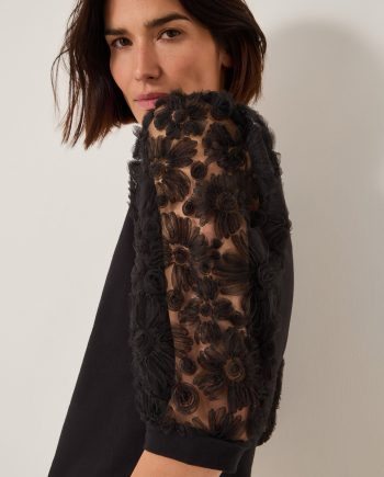 Flavia sheer appliqué sleeve jersey top black
