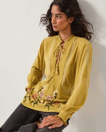 Heidi Floral Embroidered Tassel Blouse Green