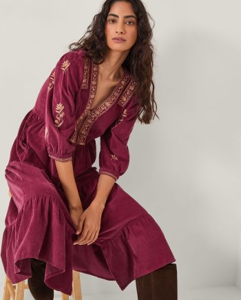 Mia Embroidered Corduroy Midi Dress Red