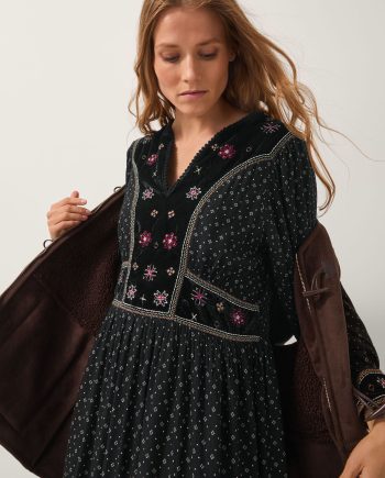 Zoie embroidered print midi dress black