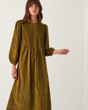 Joyce pintuck embroidered corduroy midi dress green