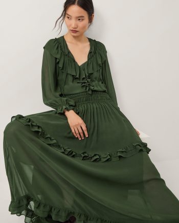Suki long sleeve ruffle maxi dress green