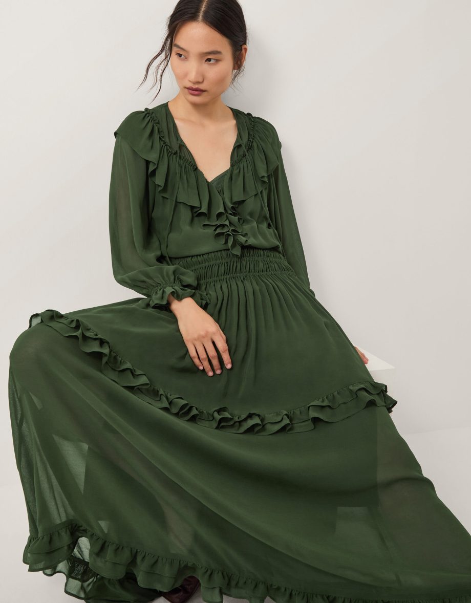 Suki long sleeve ruffle maxi dress green
