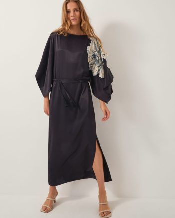 Emilia floral satin kimono dress black