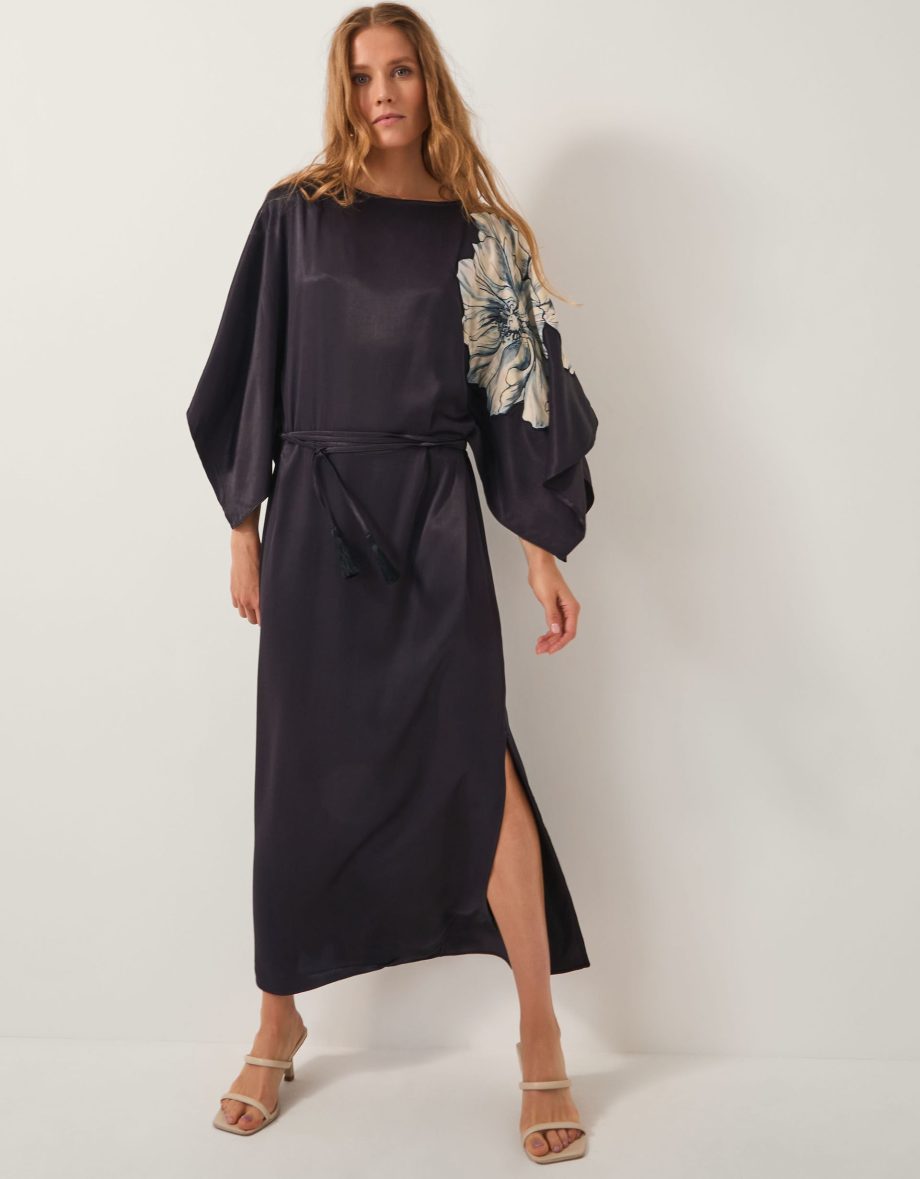 Emilia floral satin kimono dress black
