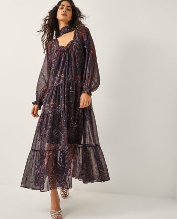 Marianna paisley print tiered midi dress purple