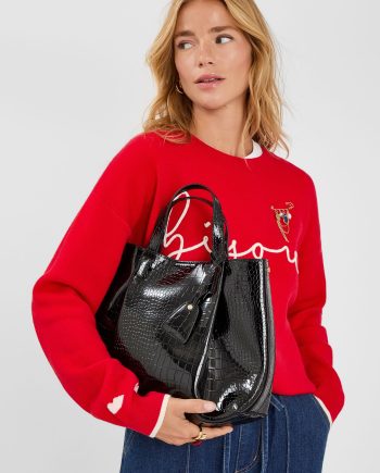 Faux Croc Skin Patent Tote Bag Black