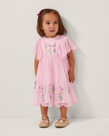 Baby floral embroidered tulle dress pink