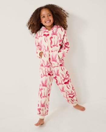 Bow print fleece onesie cream