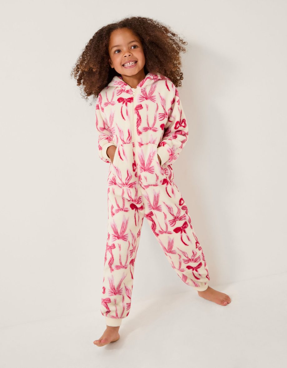 Bow print fleece onesie cream