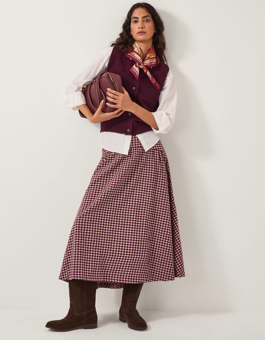 Agatha Check Drop Waist Midi Skirt Red