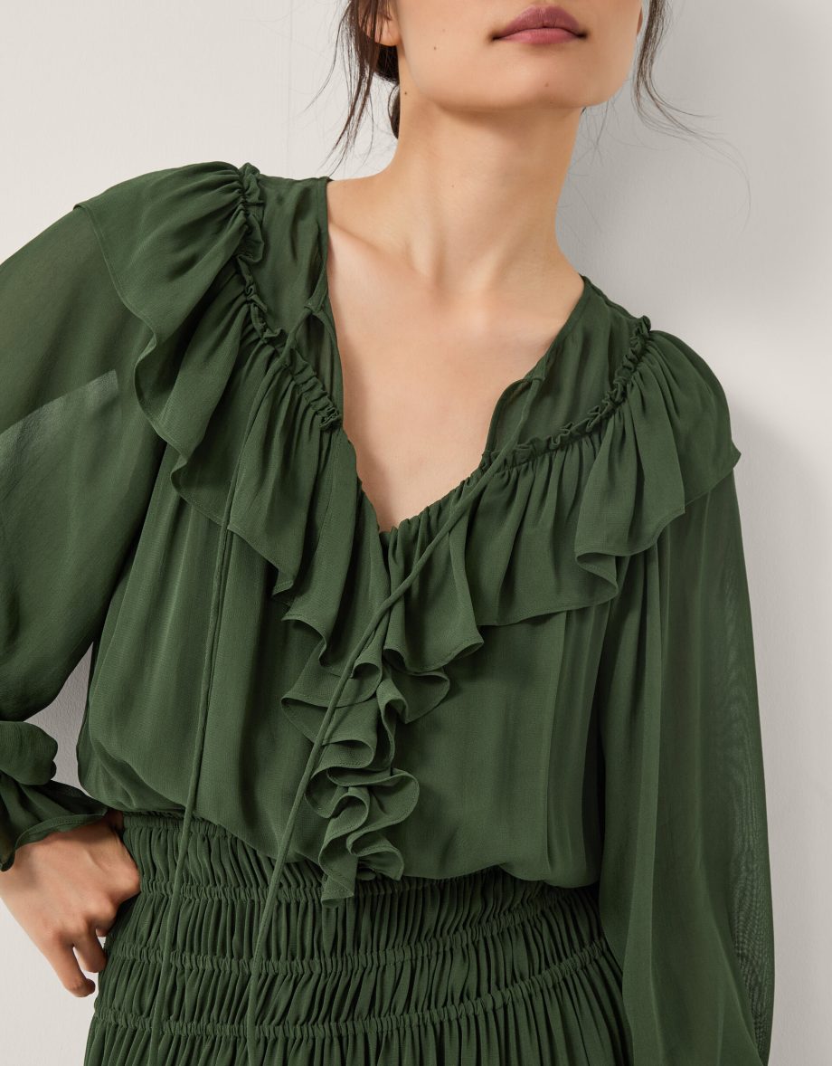 Suki long sleeve ruffle maxi dress green