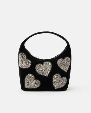 HEART EMBELLISHED VELVET HANDBAG