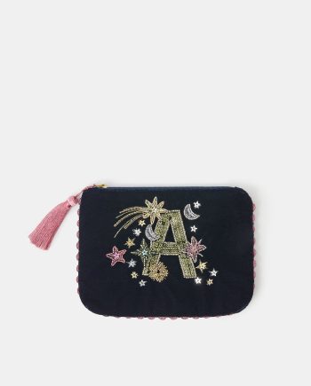 EMBELLISHED INITIAL VELVET POUCH BLUE