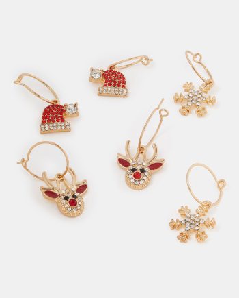 3-Pack Diamanté Christmas Charm Hoop Earrings