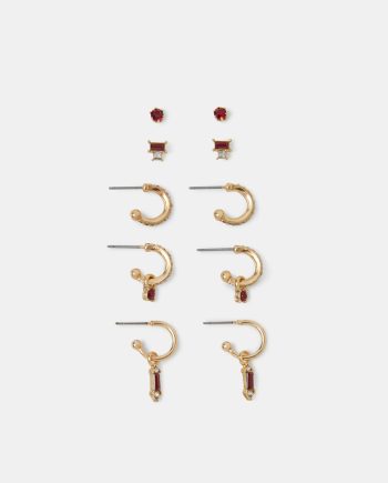 5-PACK GEMSTONE STUD & HOOP EARRINGS RED
