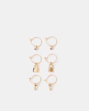 3-PACK PADLOCK & KEY HOOP EARRINGS