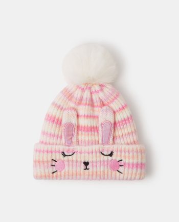 GIRLS BUNNY STRIPE BOBBLE HAT MULTI