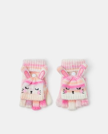 GIRLS BUNNY STRIPE FINGERLESS GLOVES WITH MITTENS MULTI