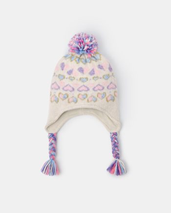 GIRLS HEART FAIR ISLE BOBBLE TRAPPER HAT MULTI