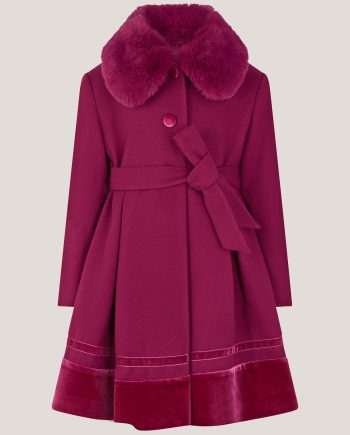 Velvet trim faux fur dress coat red