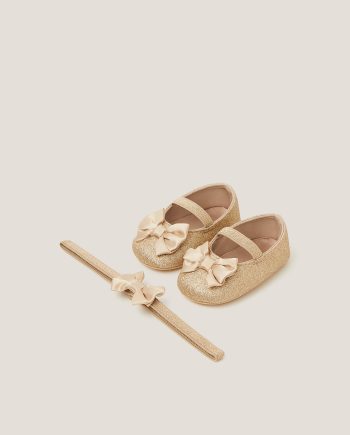 Baby bow glitter booties & headband set gold