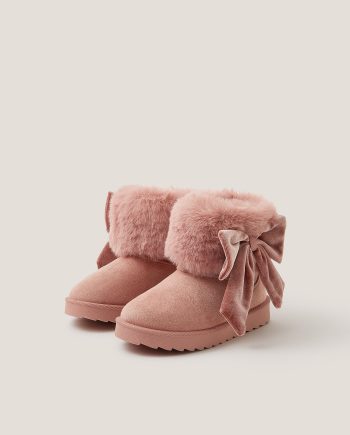Bow Faux Fur Suedette Ankle Boots Pink
