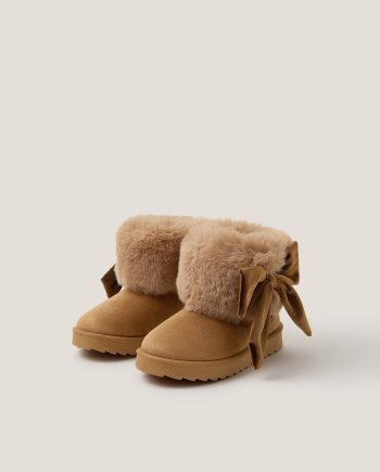 Bow faux fur suedette ankle boots tan