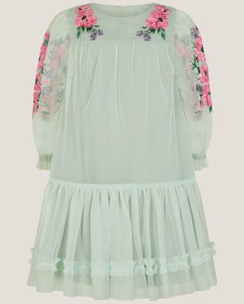 Peony embroidered tulle party dress green