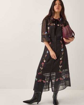 Alyssa Floral Embroidered Lace Midi Dress Black