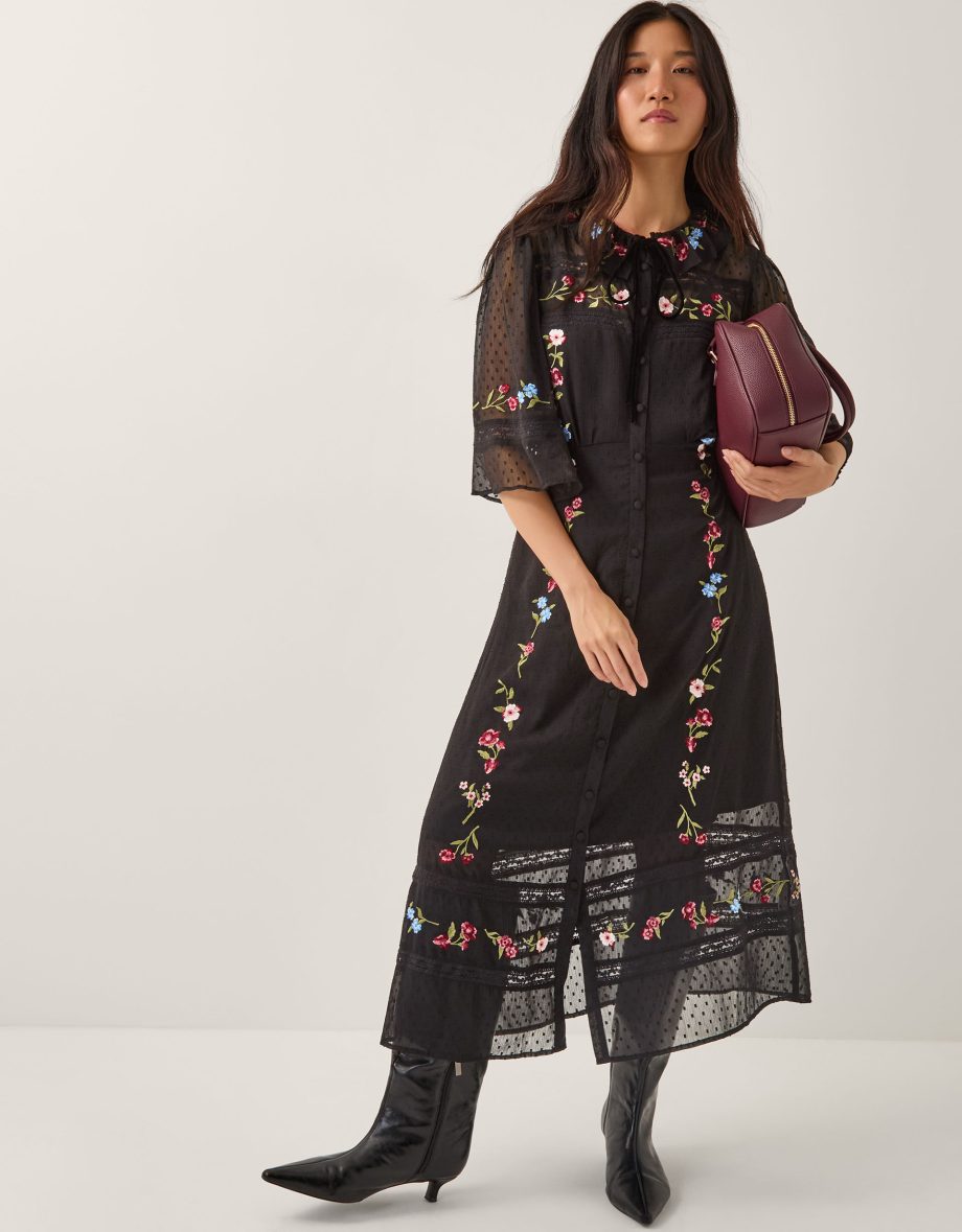 Alyssa Floral Embroidered Lace Midi Dress Black