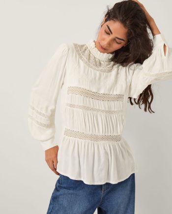 Lila embroidered lace panel blouse ivory