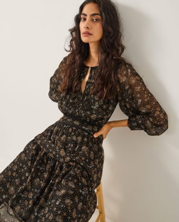 Clara dotwork print midi dress black